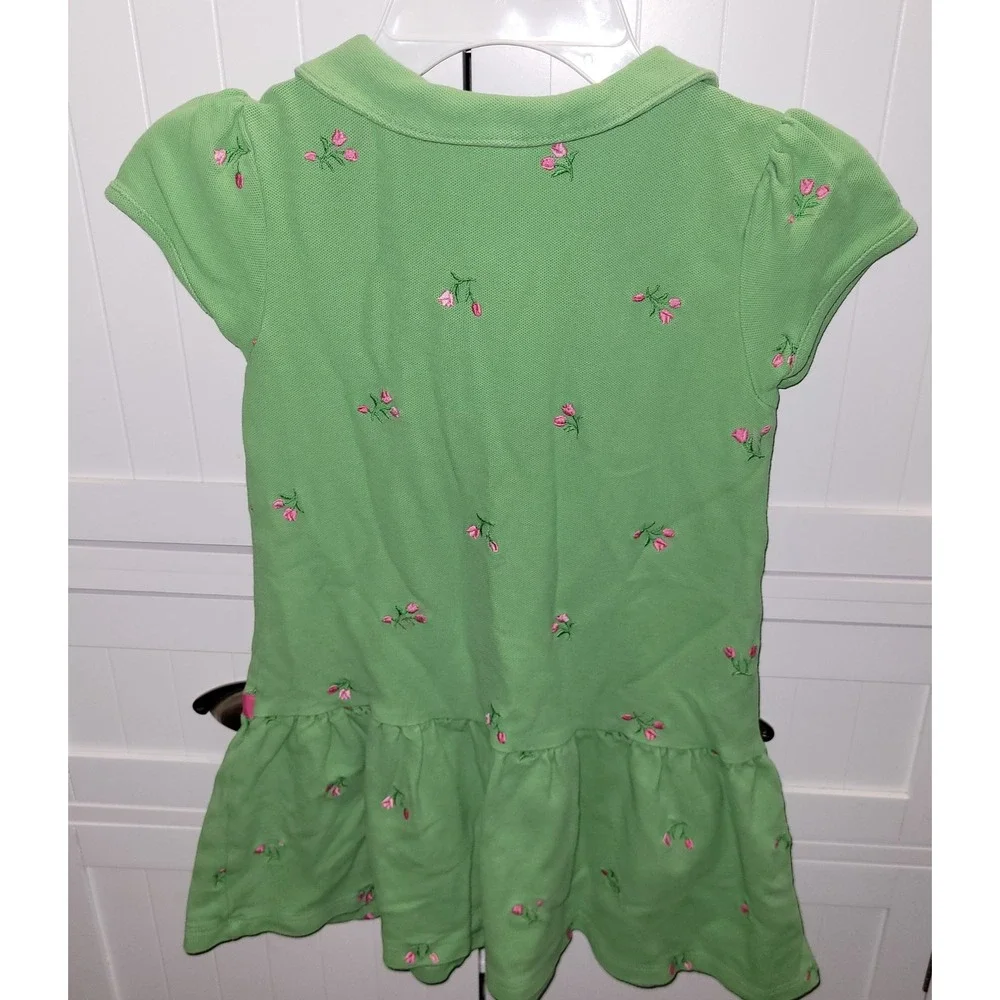 Gymboree Girls Green Pink Floral Embroidered Polo Dress Size 6 Cotton Ruffle Bow